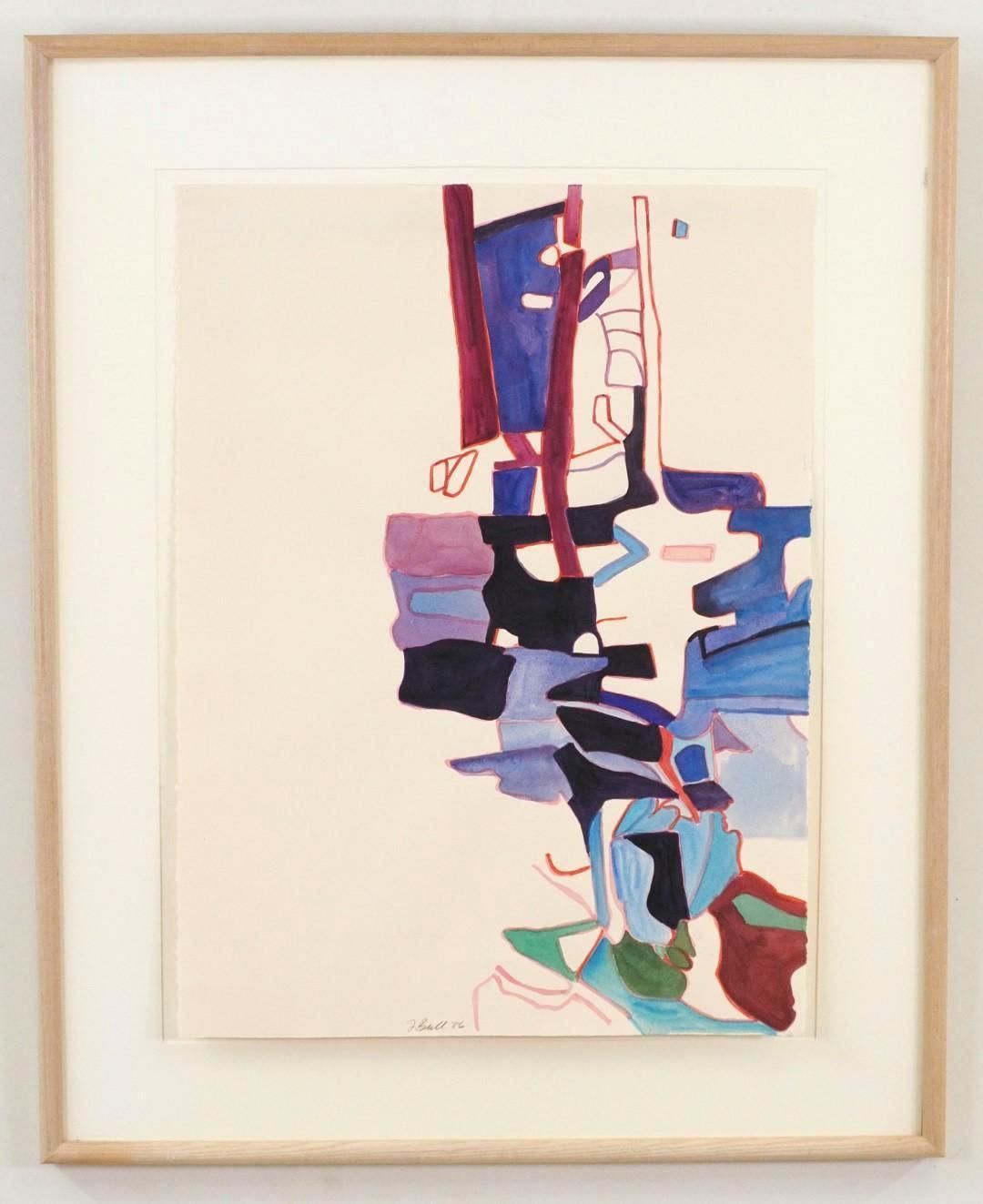 Abstract watercolor painting with blue, purple, and red shapes against a cream background, framed.