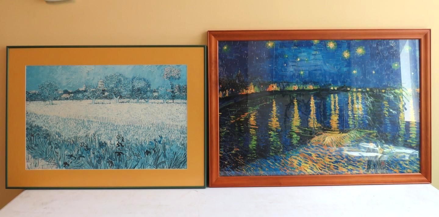 Two framed landscape paintings side-by-side: a blue and white winter scene and a dark, starry night scene.