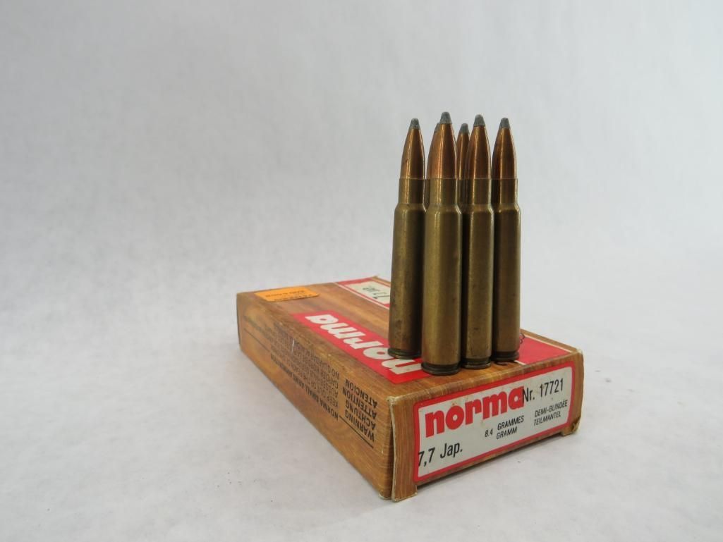 Five bullets stand on a box of Norma ammunition, labeled