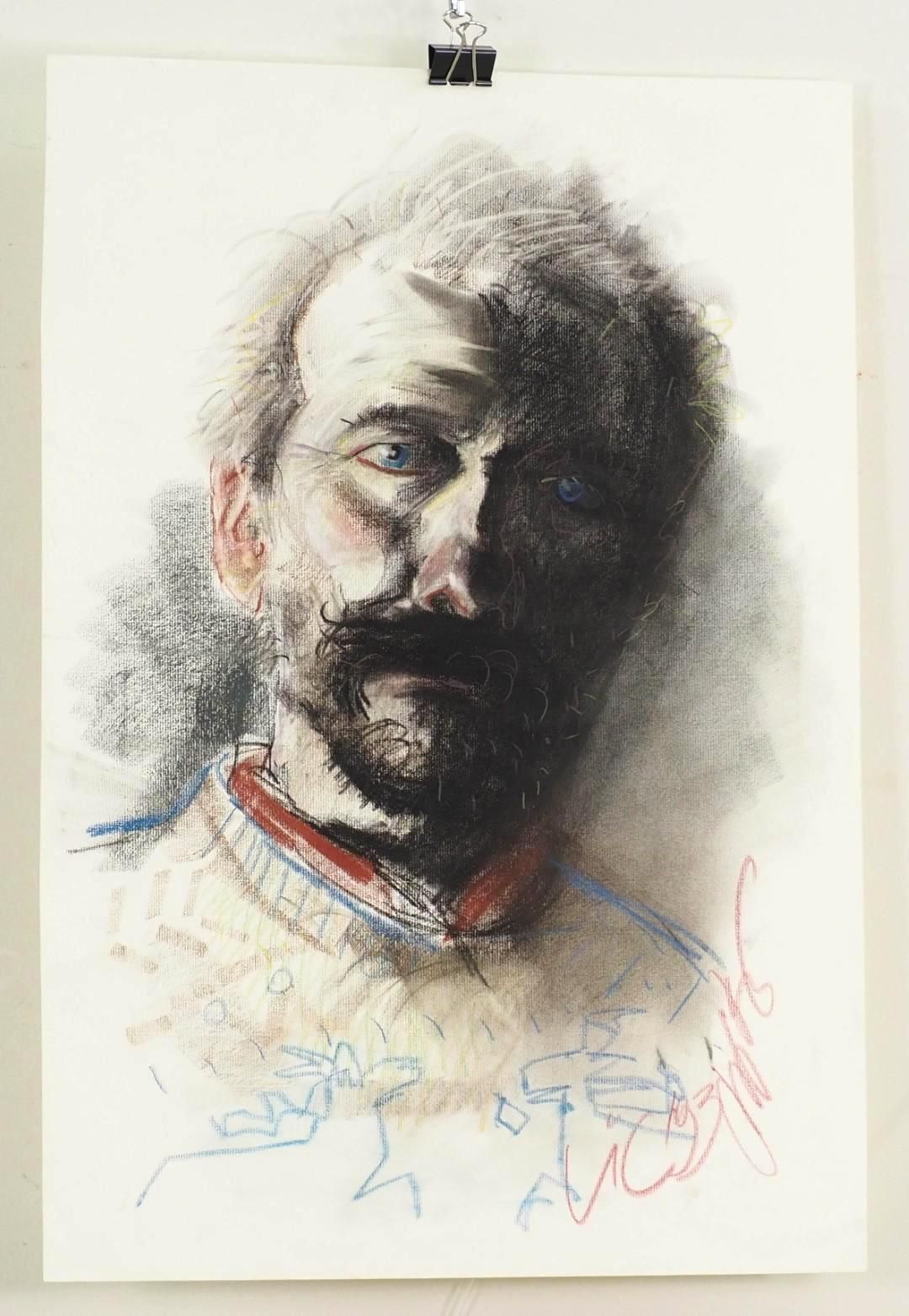 Portrait drawing of a man with a dark beard, in a white shirt with red trim, and half of his face in shadow.