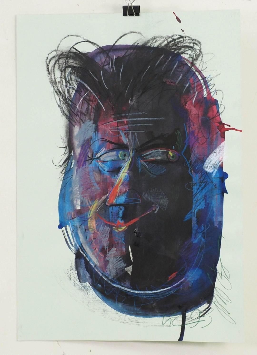 Abstract portrait with bold brushstrokes in blue, red, and black on light-green paper; clipped to a wall.