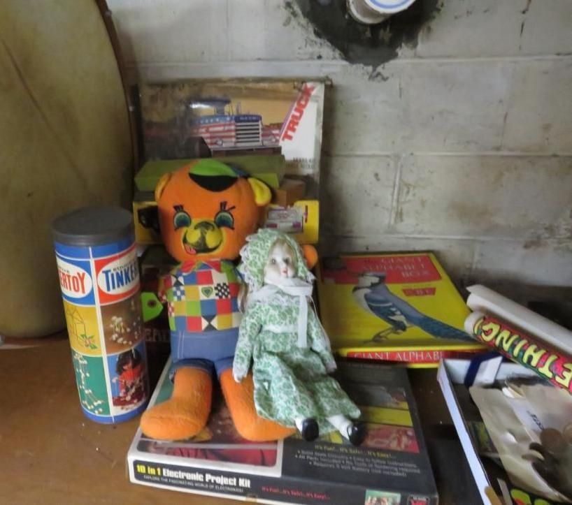 Teddy bear, doll, and various vintage items on a shelf in a basement.