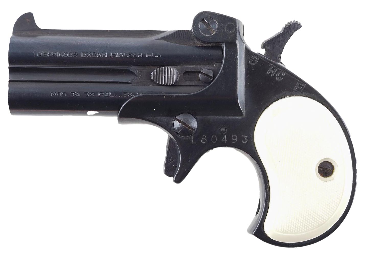 Black double-barreled derringer pistol with white grip.