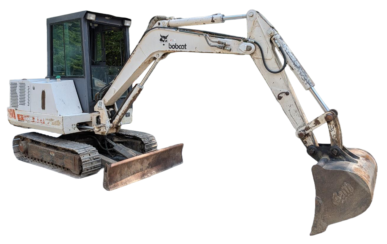 Small white tracked excavator with a raised arm and bucket on a white background