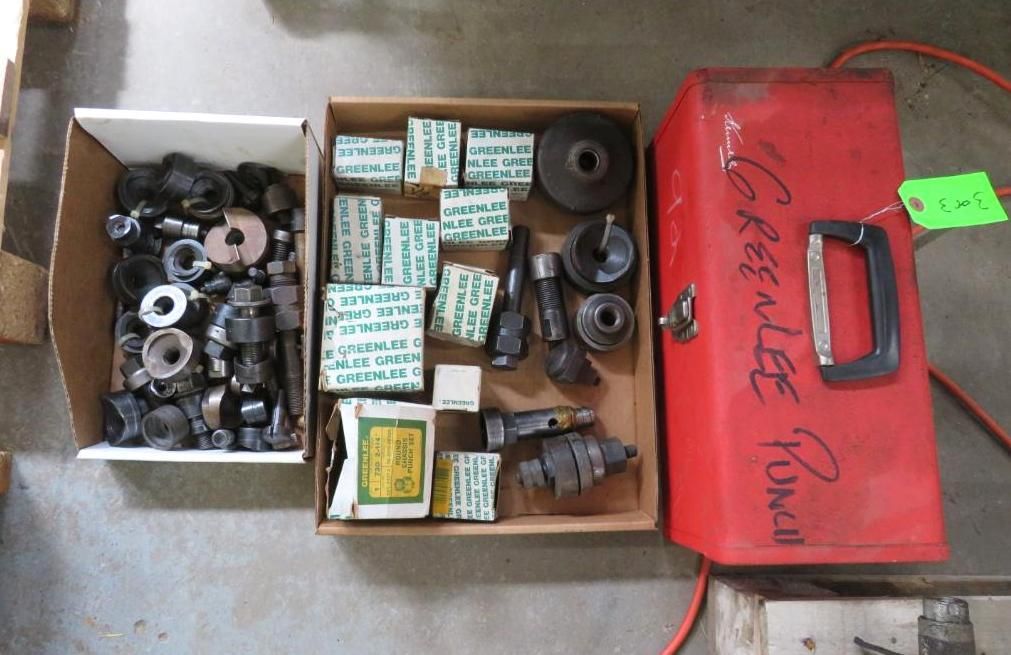 Boxes of metal tools and Greenlee punch tool box.