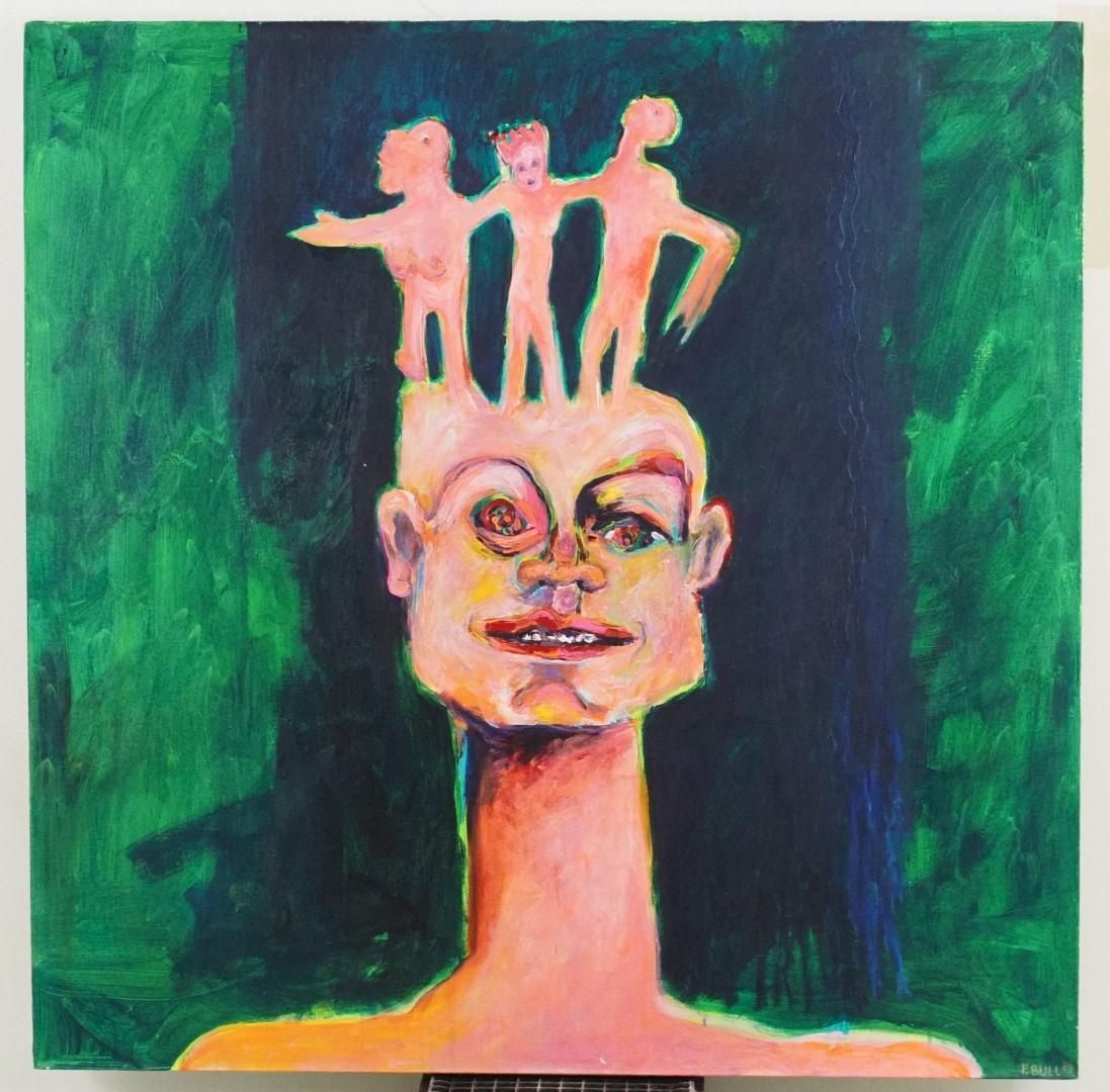Painting of a smiling person with figures on their head against a green and dark green background.