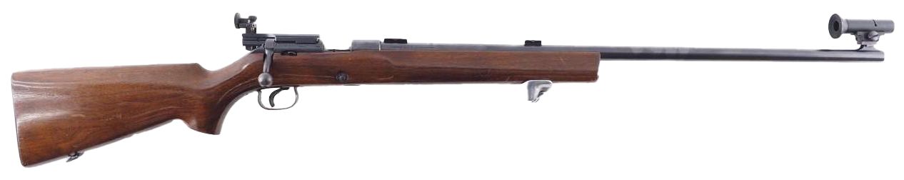 A brown rifle with a dark barrel and scope, set against a white background.