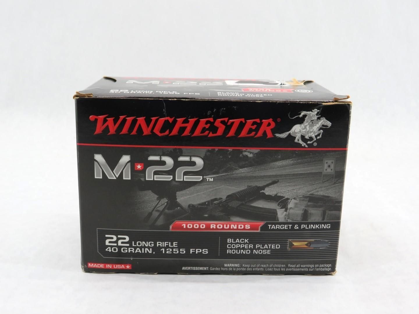 Box of Winchester M-22 .22 Long Rifle ammunition, black and red with a cowboy logo.