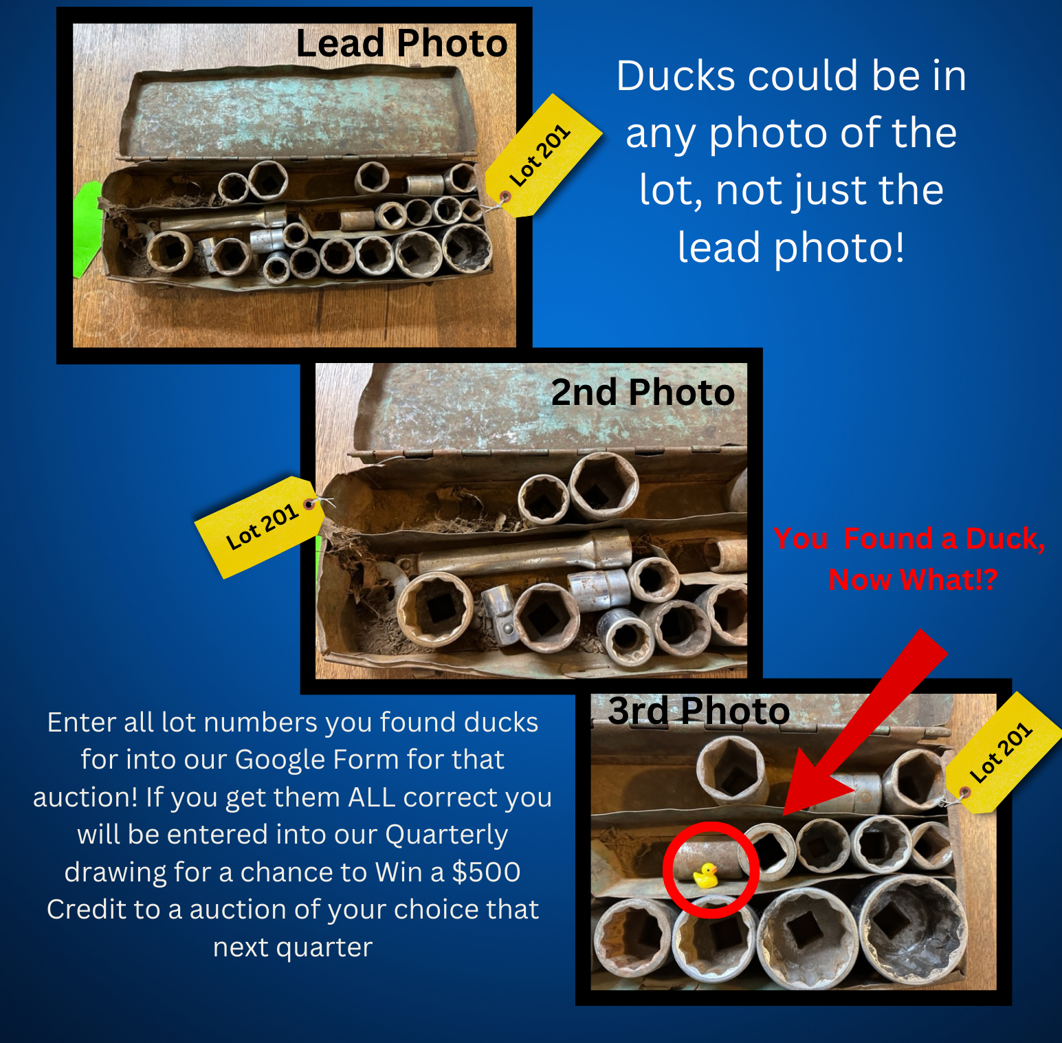 Three photos of tools in a box, with text indicating that rubber ducks could be in any of the photos.
