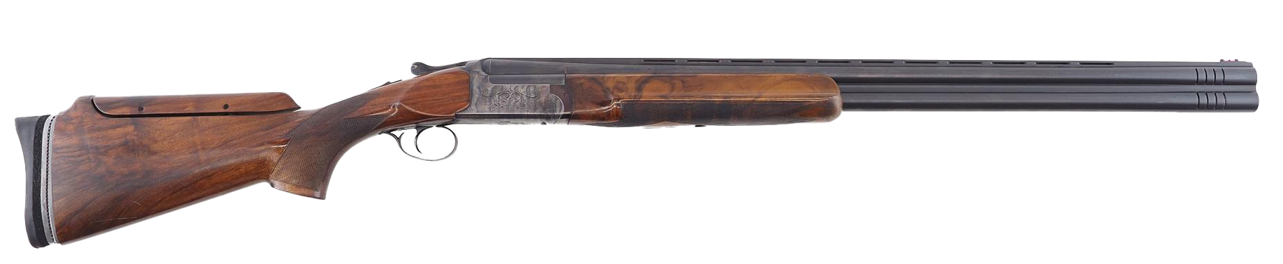 A side view of a double-barreled shotgun with a brown wooden stock, against a white background.