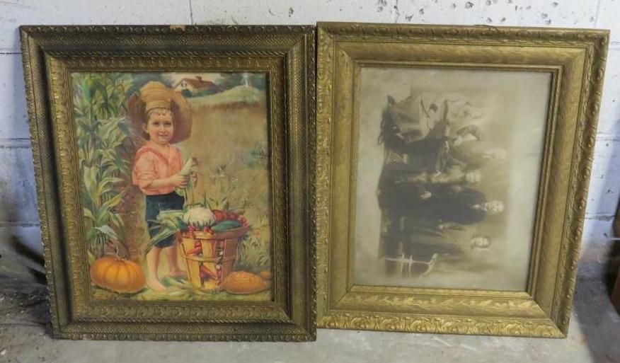 Two framed artworks: a child holding vegetables and a black and white image of a cat.