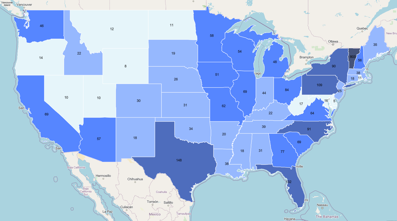 Map of the United States with states shaded in varying shades of blue, indicating data distribution.