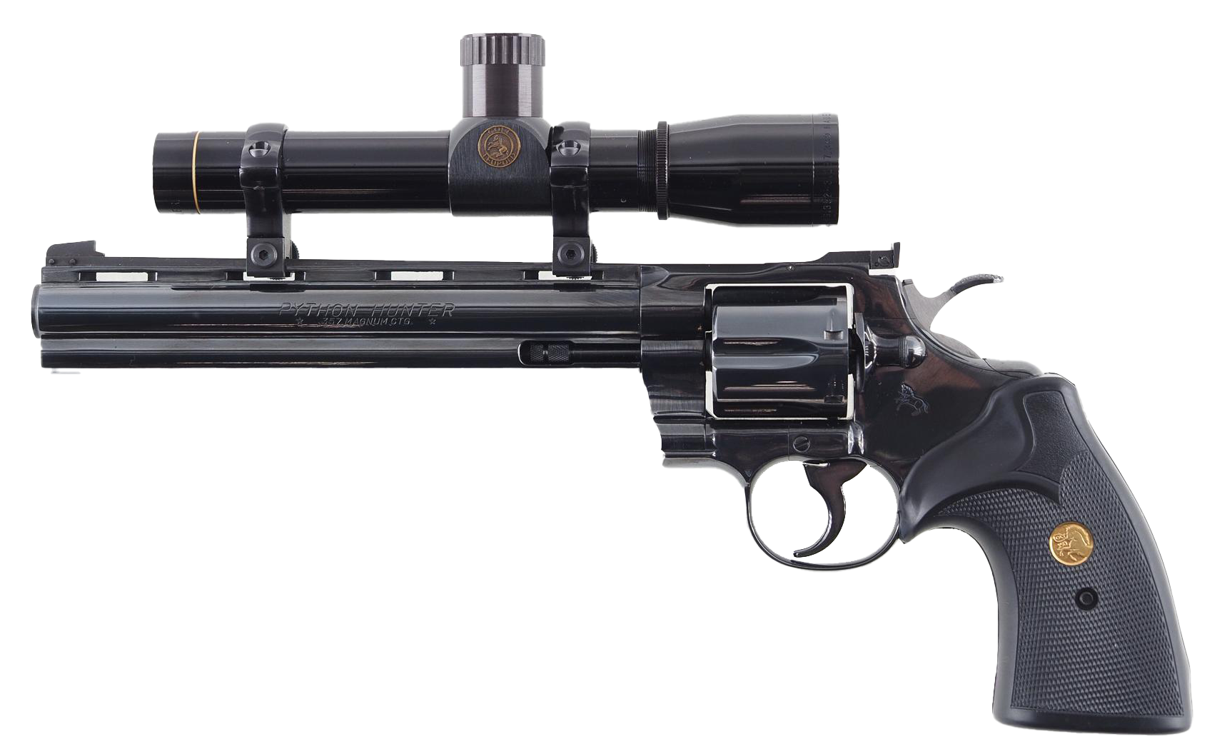 Black Colt Python revolver with a scope mounted on it.