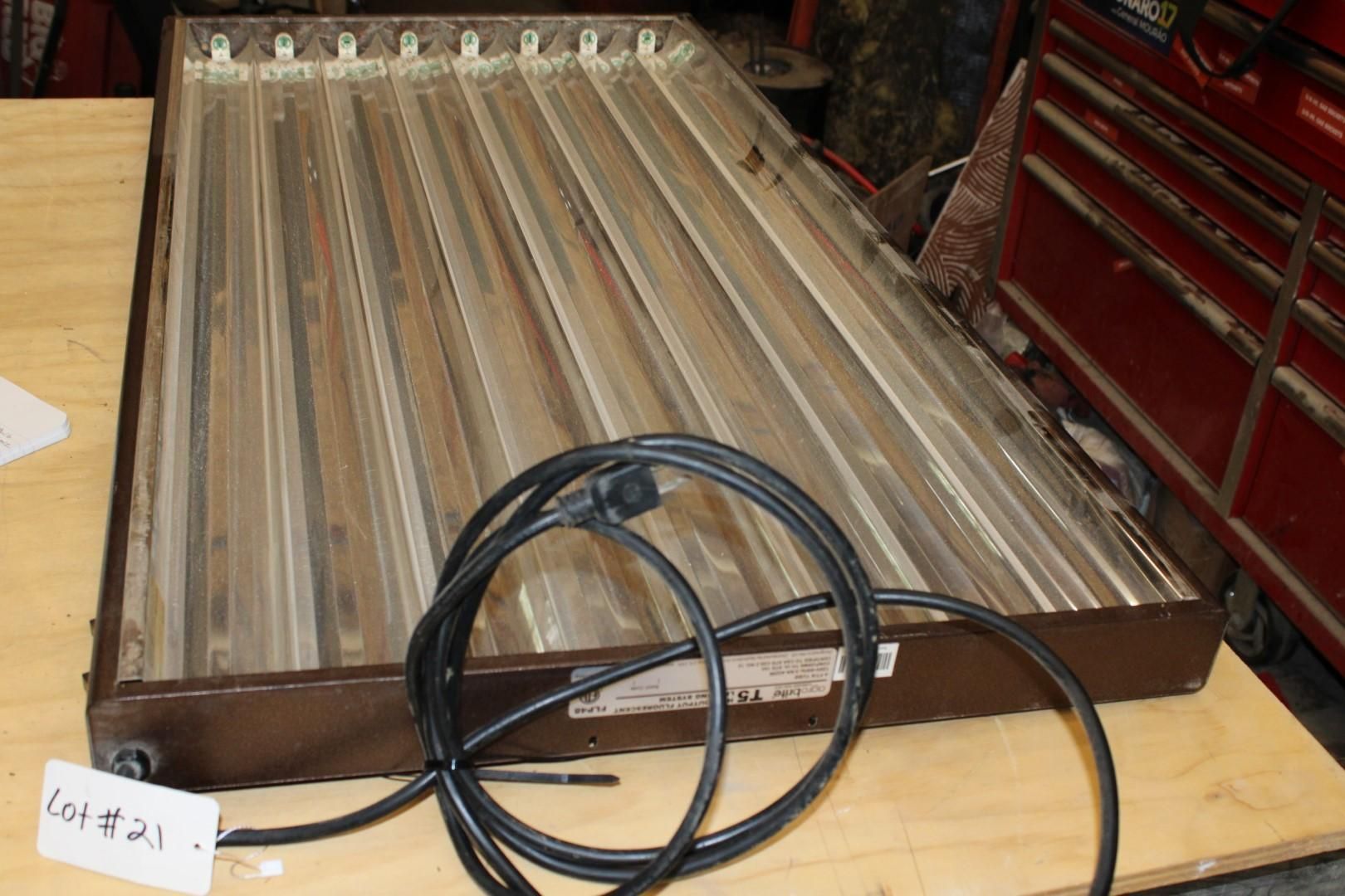 Fluorescent light fixture on a wooden surface, with power cord. Brown metal frame and many tubes.