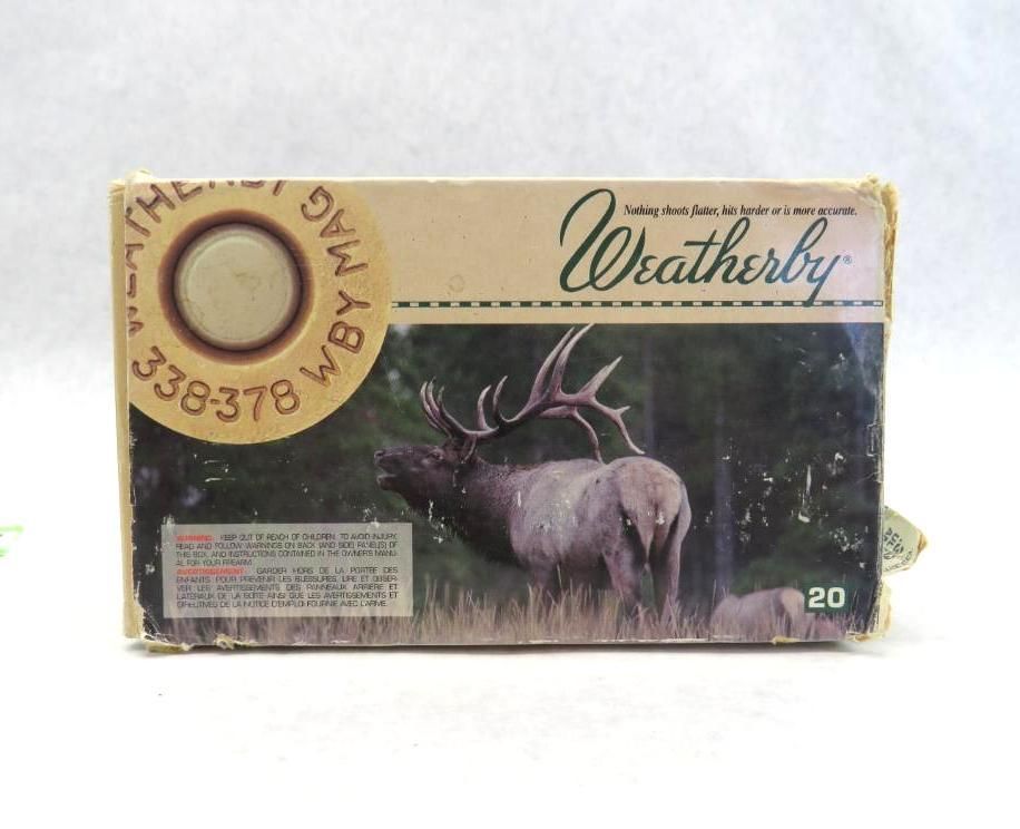 Box of Weatherby 338-378 Mag ammunition with image of elk in a forest.