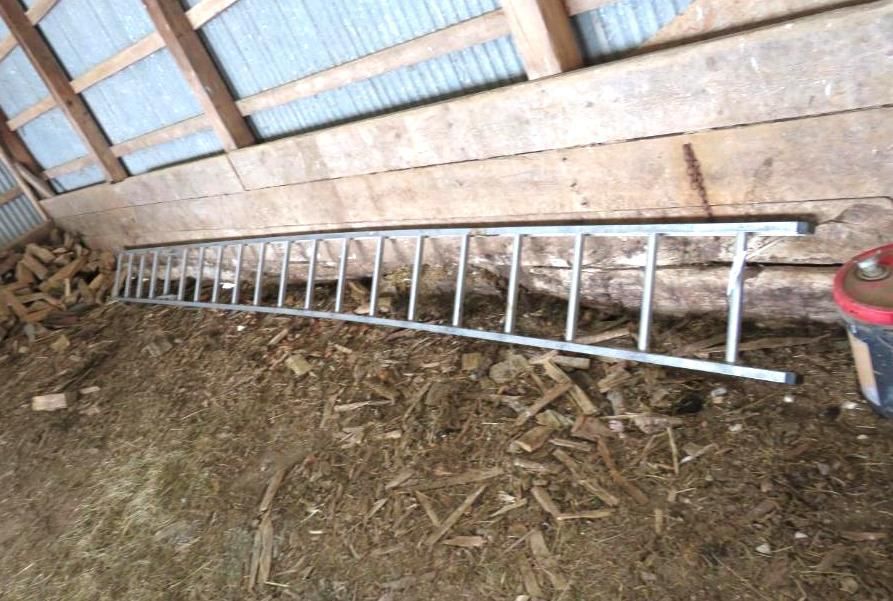 A silver metal ladder rests against a wooden wall in a barn.