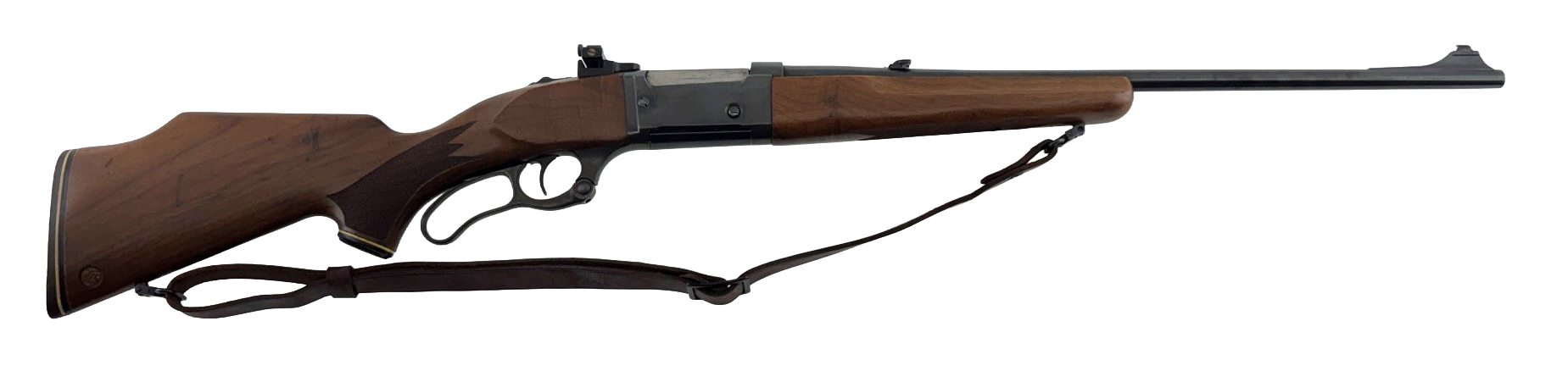 Rifle with wooden stock and leather sling, shown in side view on a white background