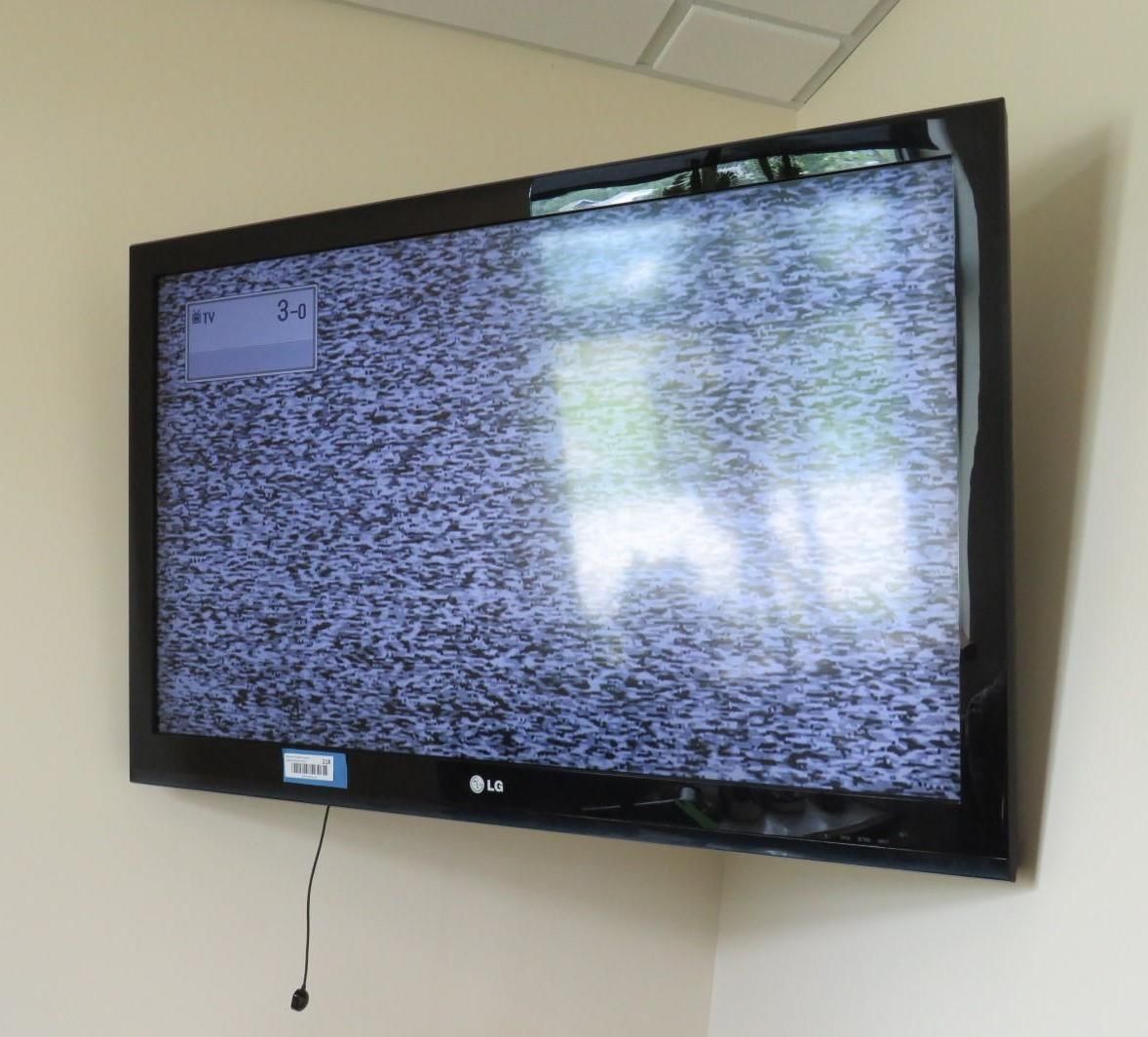 A flat-screen TV on a wall displaying static. Black frame, black and white noise filling the screen.