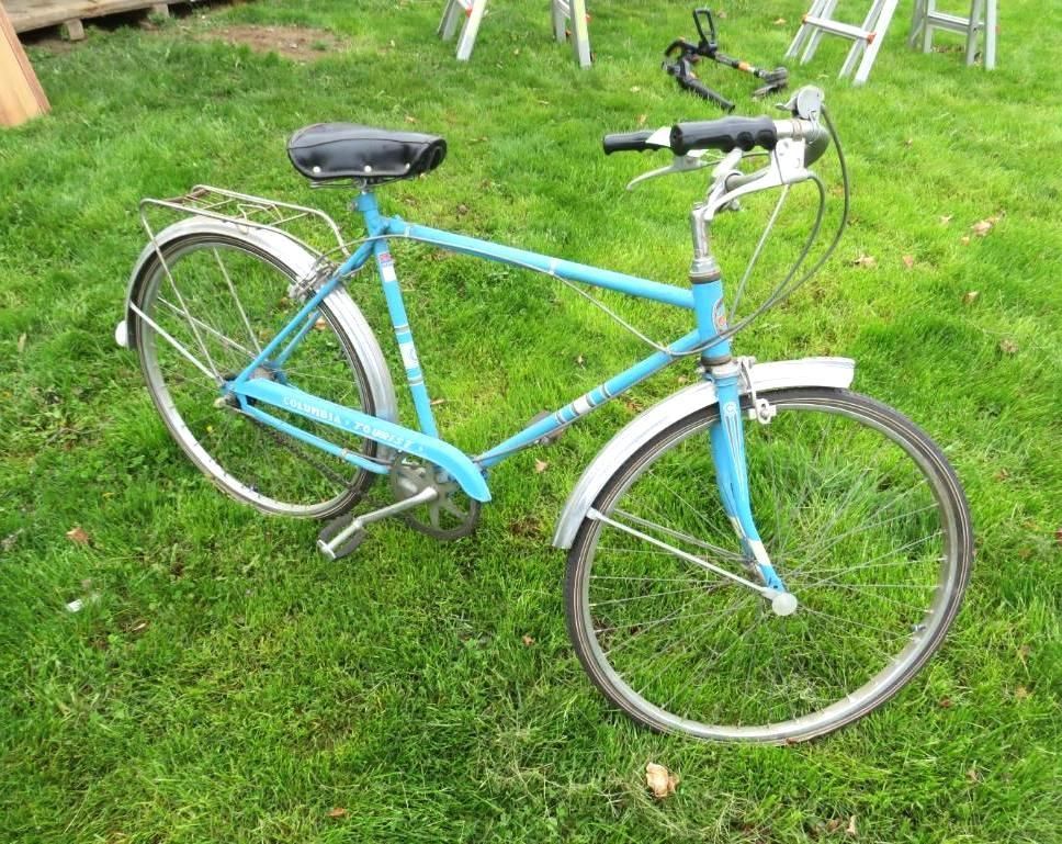 Blue vintage bicycle on green grass.