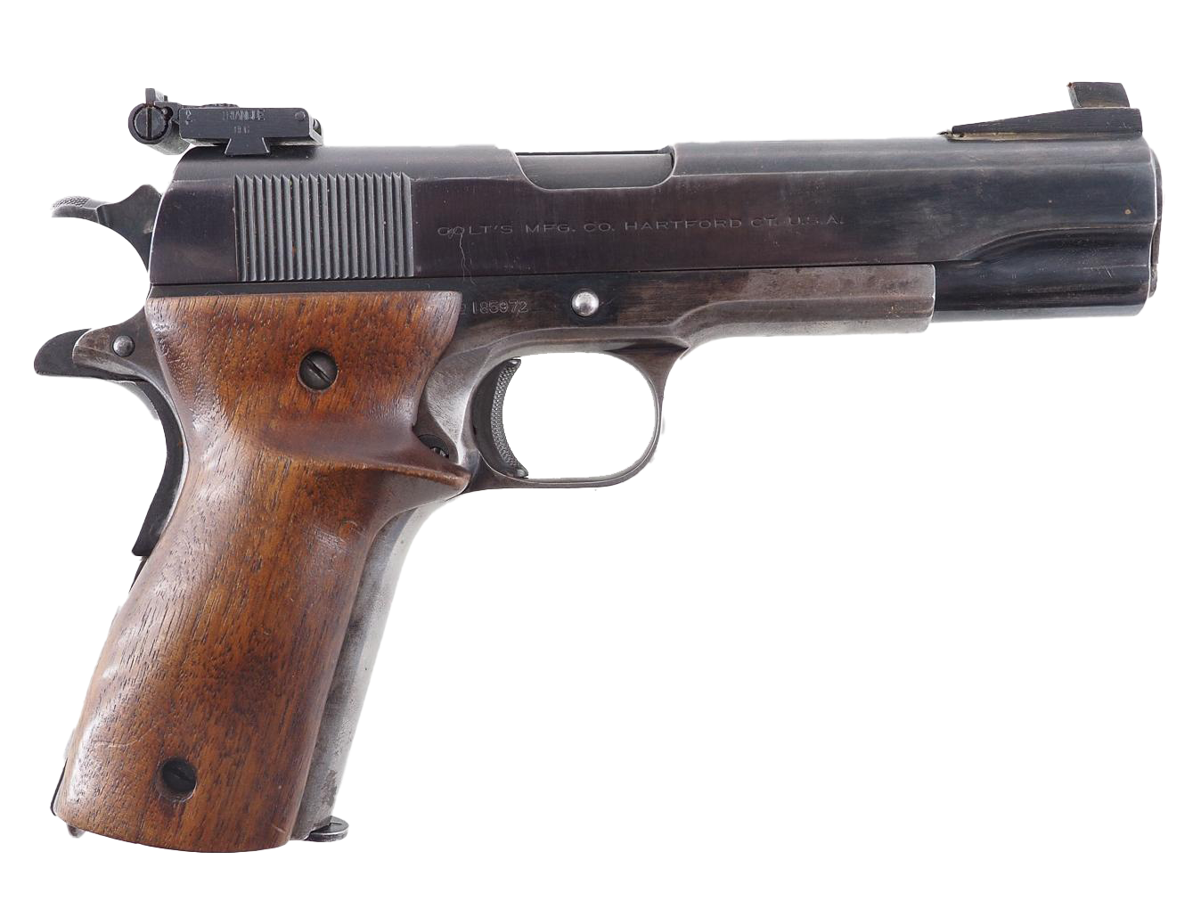 Dark handgun with wood grip.