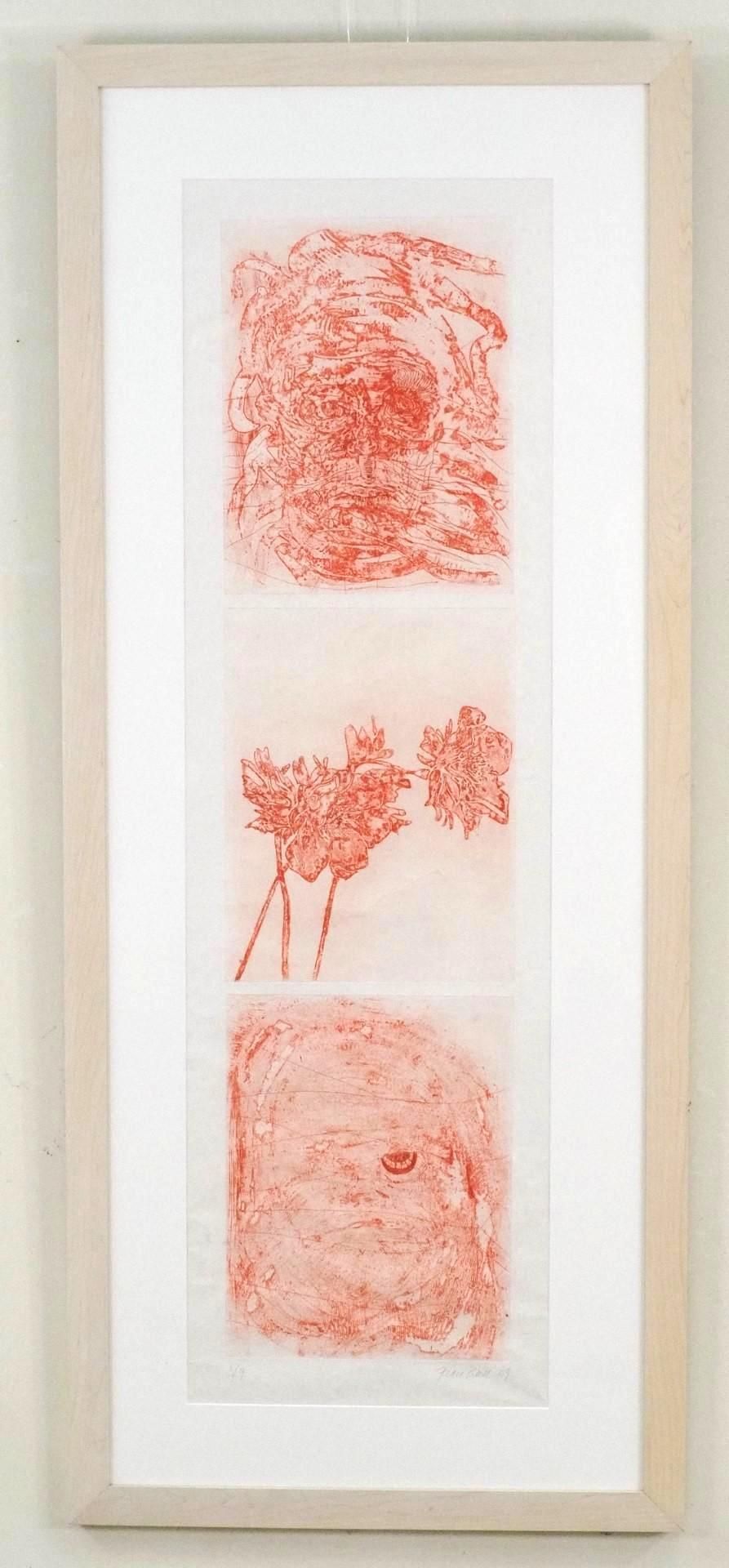 Red abstract art in three sections, framed in white.