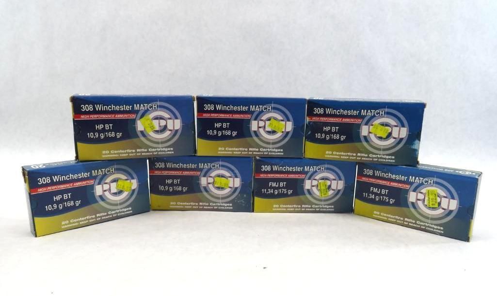 Boxes of ammunition, various sizes, arranged on a white surface. Blue and yellow packaging with text and logo.