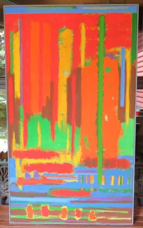 Abstract painting with vertical and horizontal stripes in vibrant colors: red, orange, green, and blue.