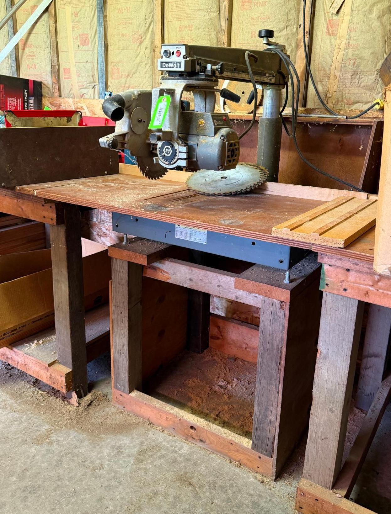 Workbench with a miter saw in a workshop
