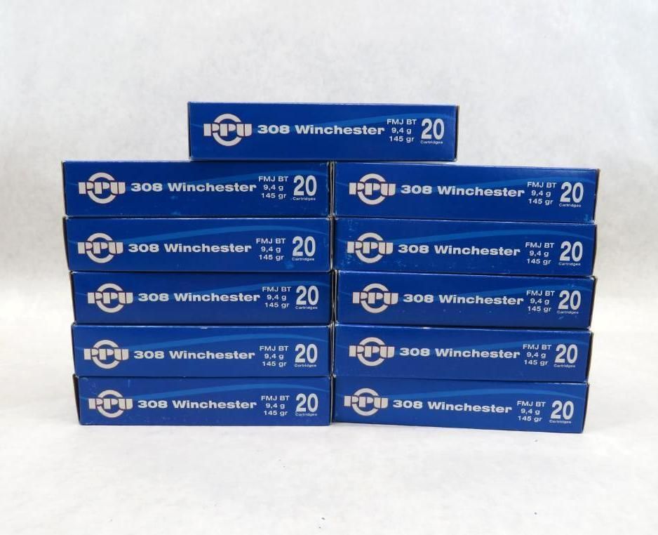 Stacked boxes of .308 Winchester ammunition. Each blue box holds 20 rounds.