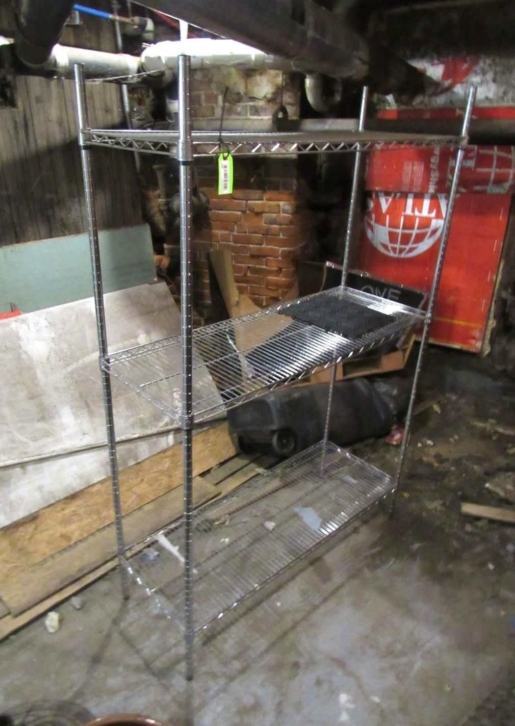 Metal wire shelving unit.