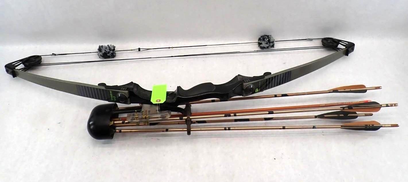 Black and brown crossbow with bolts attached on a white background