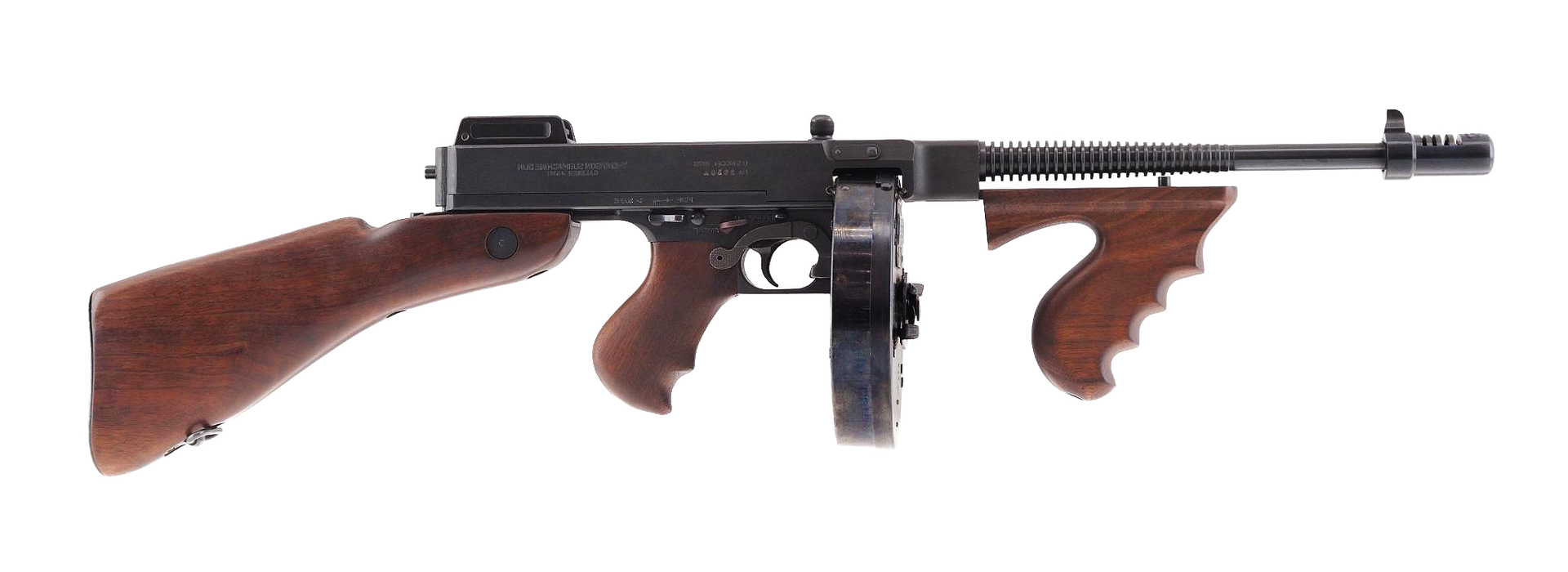 Side view of a black and wood rifle with a long barrel and two wooden foregrips