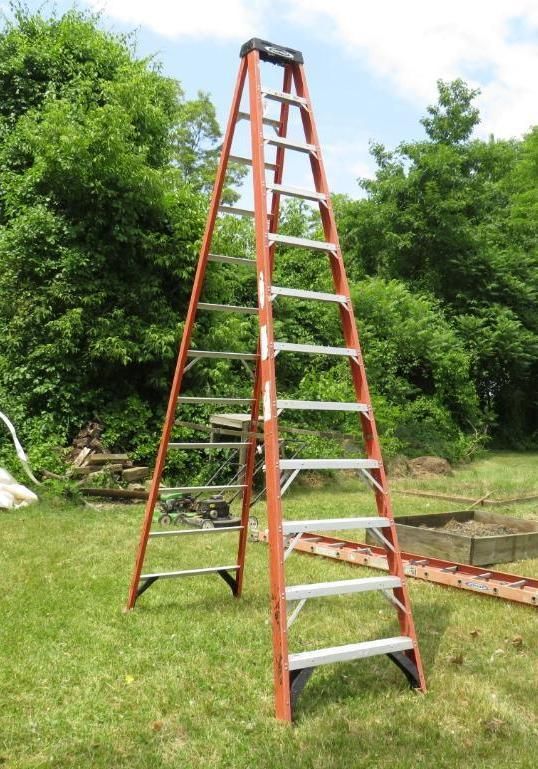 Orange and silver stepladder on green grass.