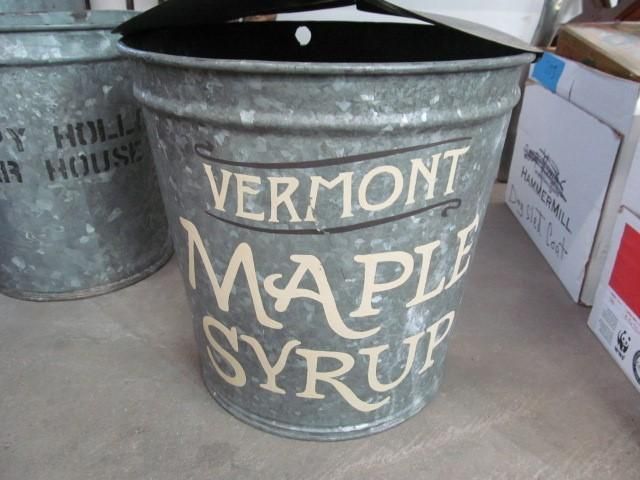 Galvanized metal bucket labeled