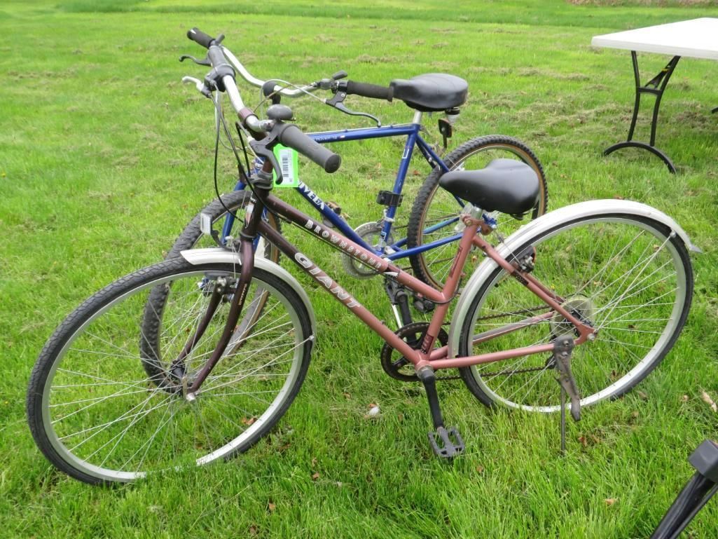 Two bicycles parked on green grass. One is brown, the other blue, with white fenders.