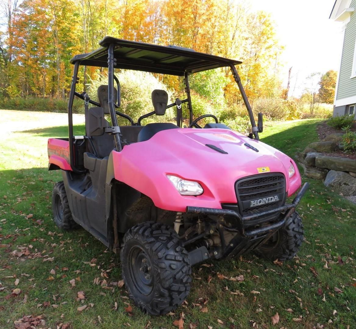 Pink Honda utility vehicle parked on grass, black roll cage, sunny outdoor setting.