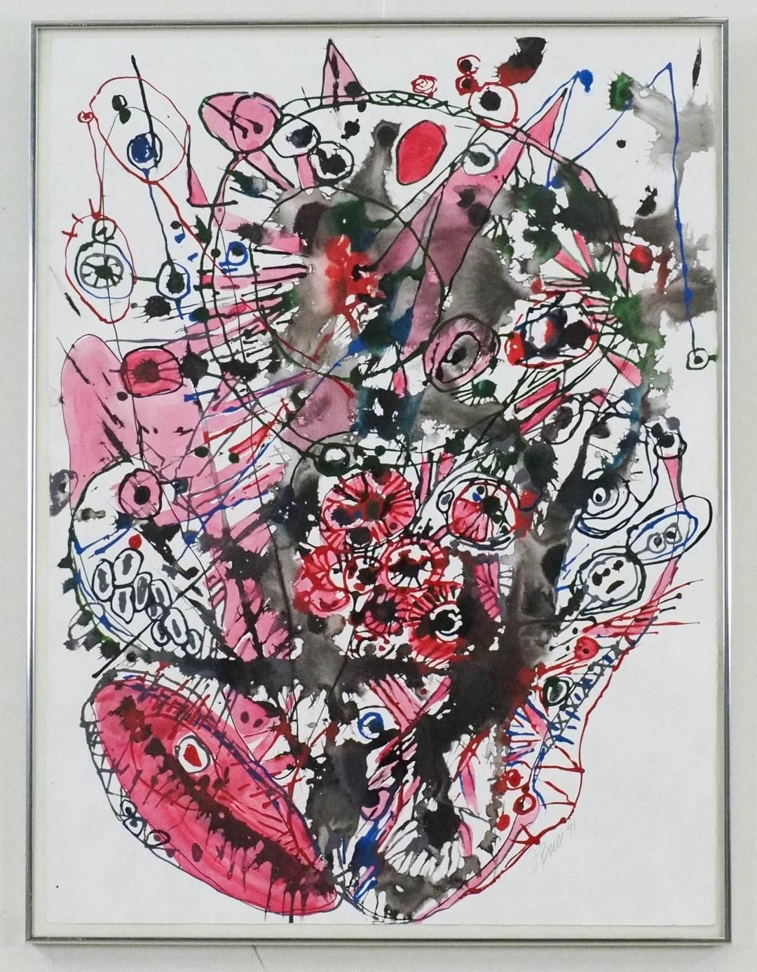 Abstract watercolor artwork in pinks, reds, and blacks with lines and circular shapes on white background.