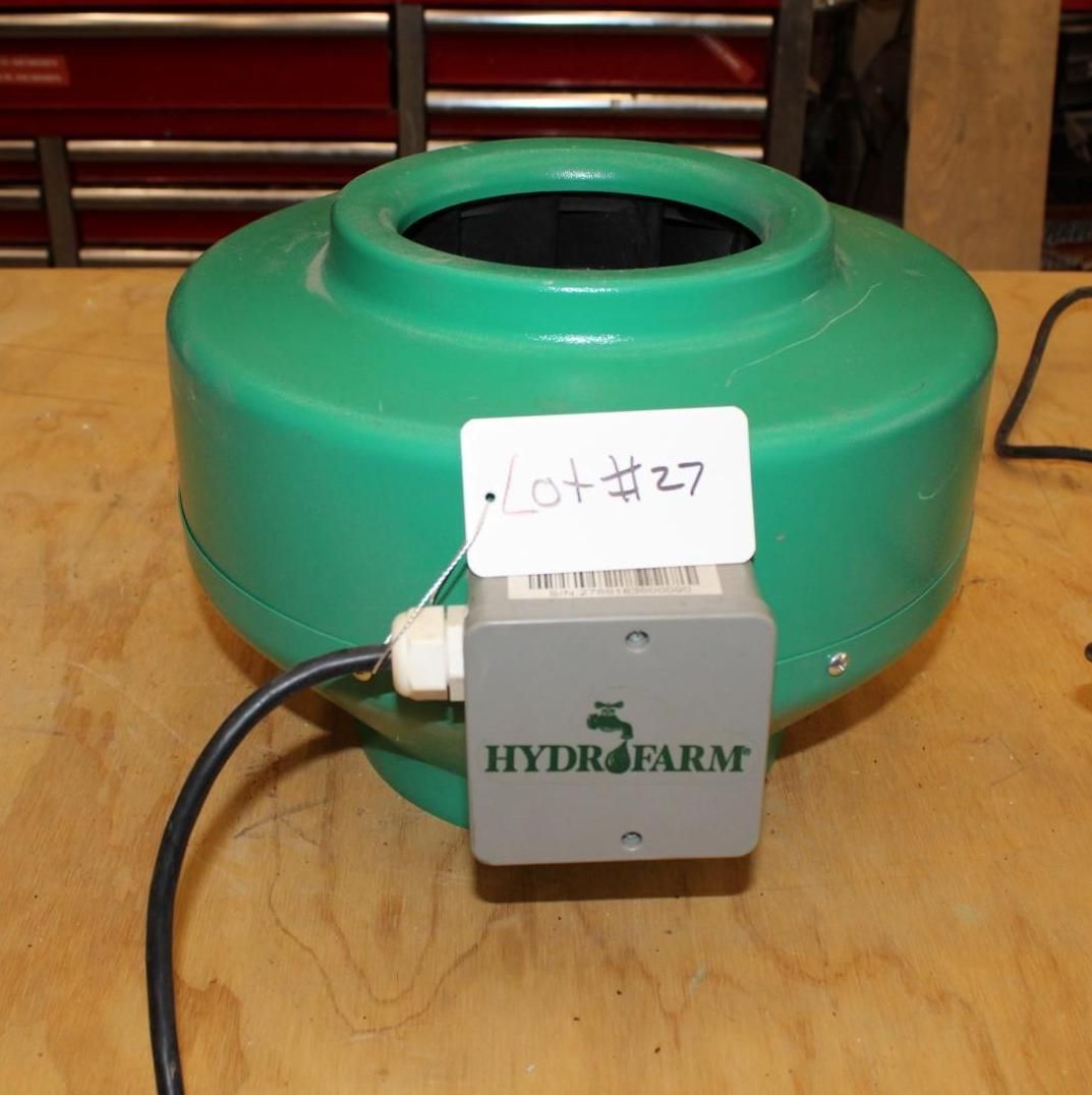 Green Hydrofarm inline fan with a gray control box and a power cord.
