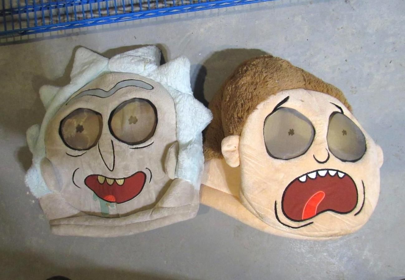 Rick and Morty character masks side by side; Rick has blue hair and a drool, Morty looks panicked.