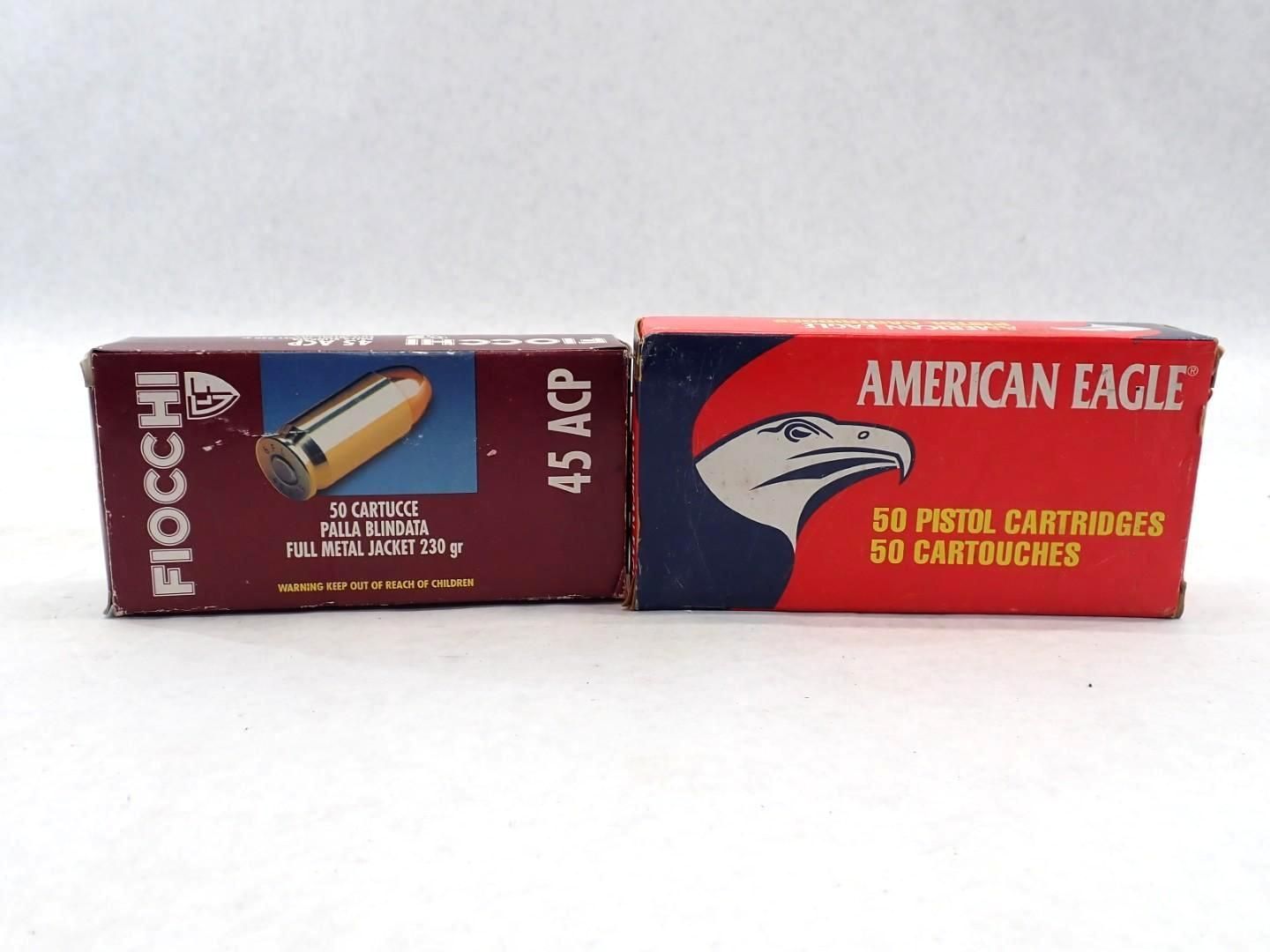Two boxes of ammunition: Fiocchi and American Eagle, side by side.