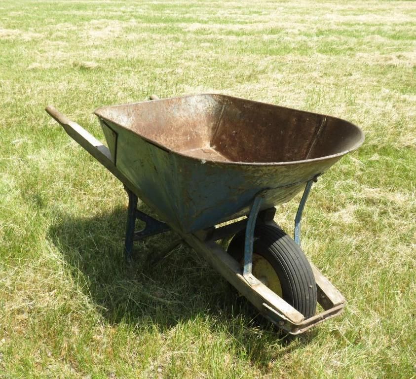 Blue wheelbarrow on green grass.