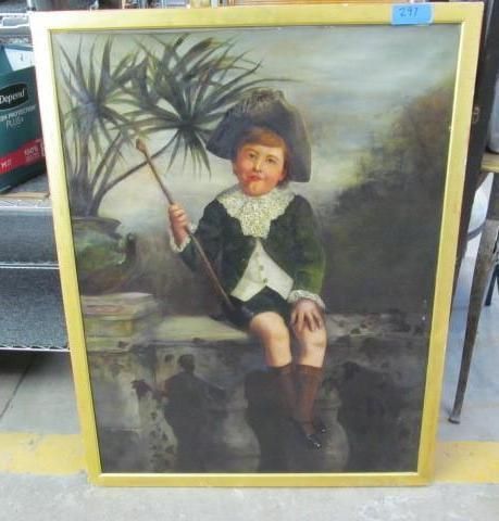 Painting of a young person in a hat and jacket, holding a cane and sitting on a stone wall.