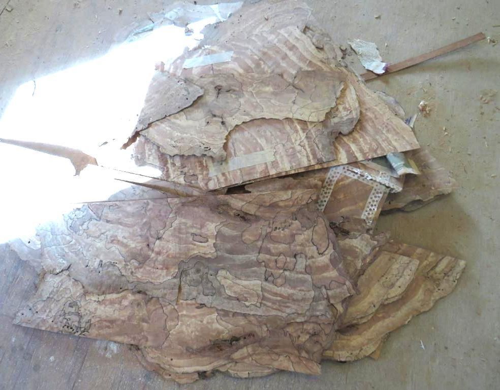 Pile of light brown, layered cork bark on a light surface.