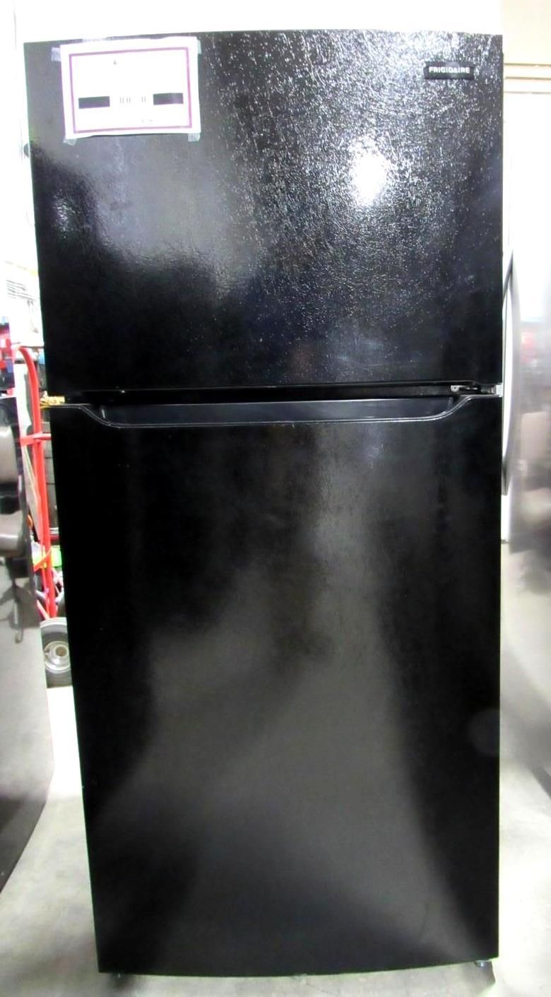Black top-freezer refrigerator with a glossy finish.