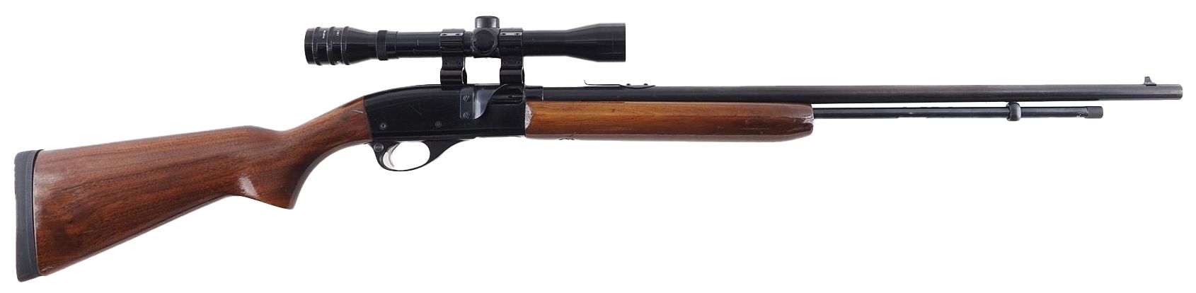 A long rifle with a scope, wooden stock and handguard, set against a white background.