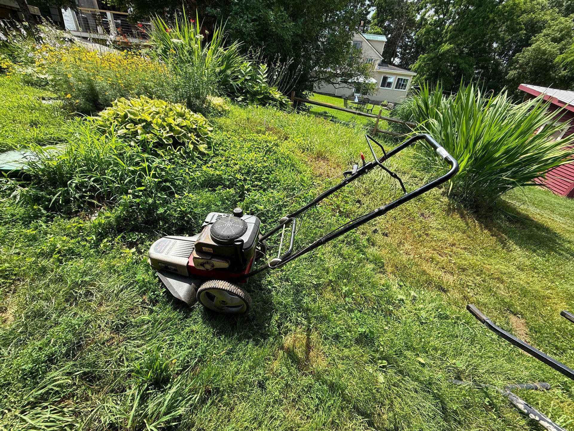 Lawnmower on a grassy hillside.