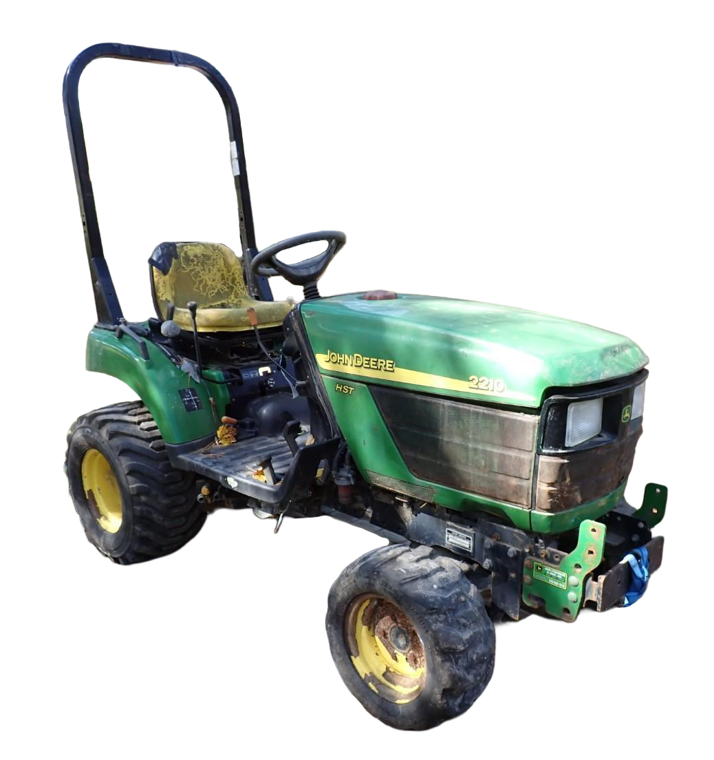 Green riding lawn mower with yellow wheels and roll bar on a white background