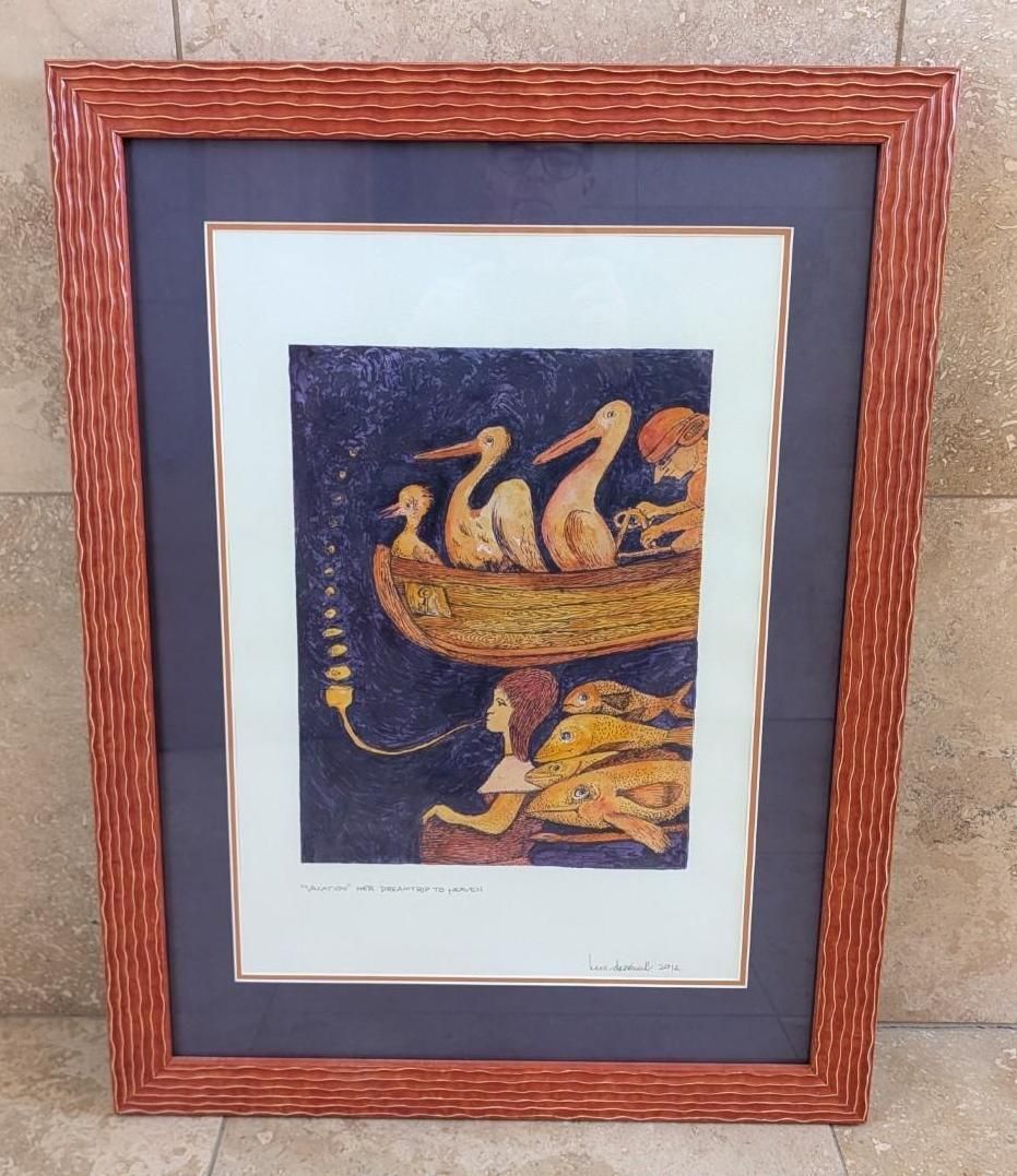 Framed print of a classical-style painting with figures in a boat, blue mat, and red textured frame