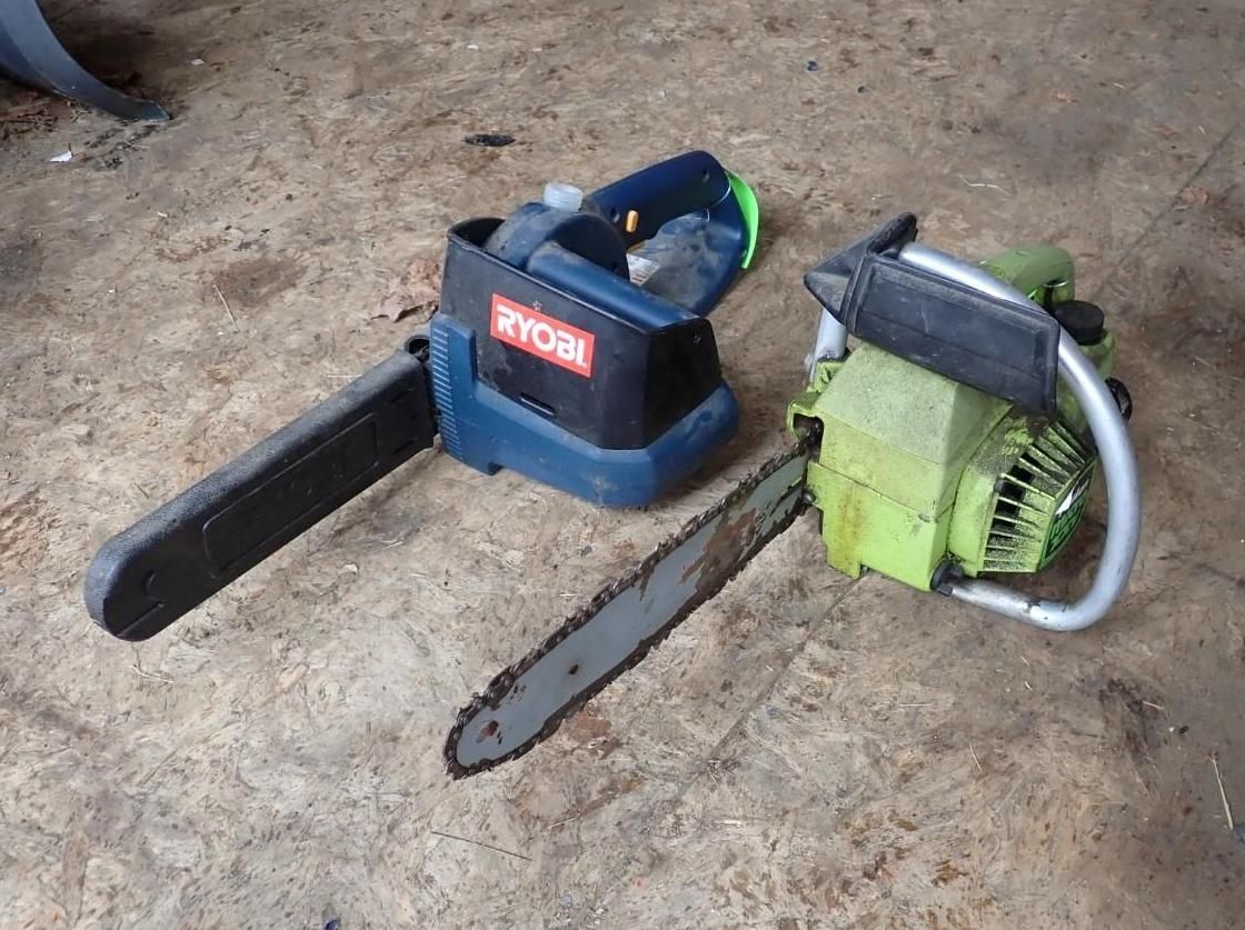 A blue Ryobi electric chainsaw and a vintage lime green gas chainsaw.