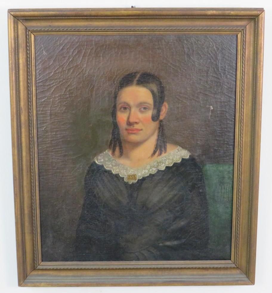 Portrait of a woman in a black dress with white lace collar, oil painting in a gold frame.